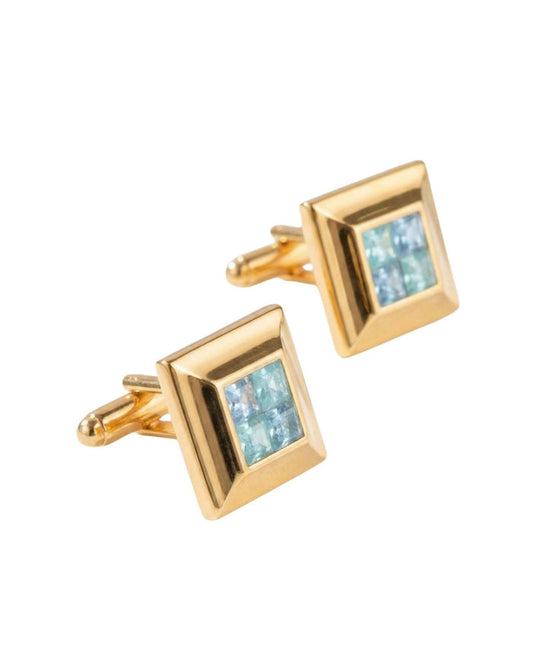 Men's gold tone square cufflinks with light blue crystal mosaic center