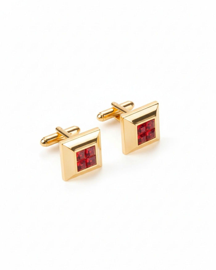 Gold tone square cufflinks with red crystal mosaic center and hinged bar backs
