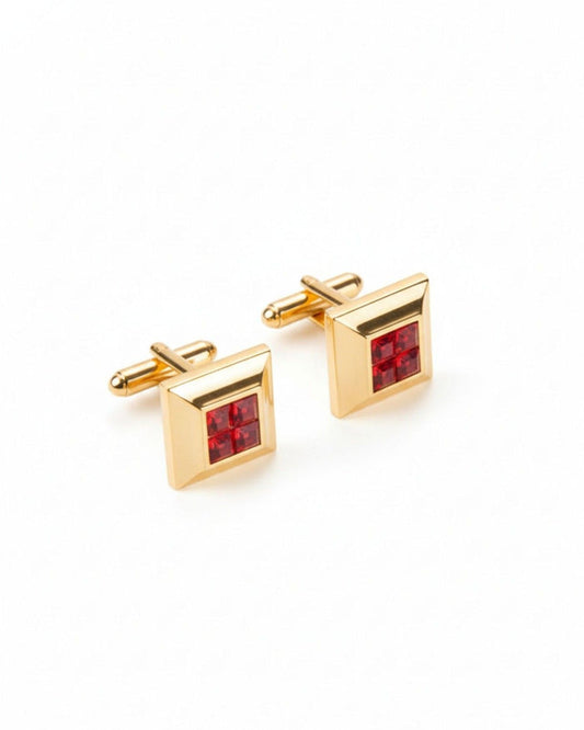 Gold tone square cufflinks with red crystal mosaic center and hinged bar backs