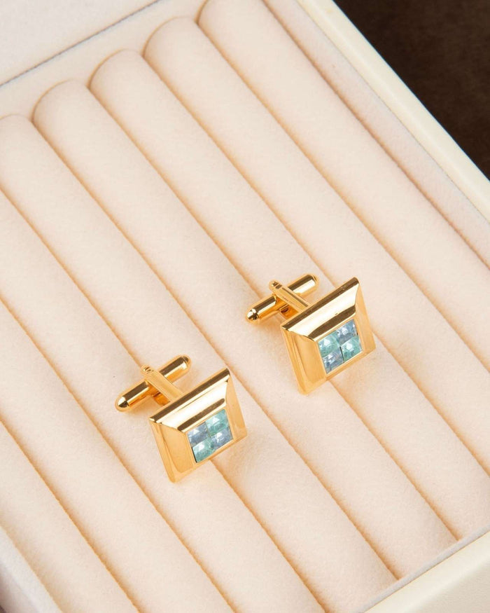 Men's gold tone square cufflinks with light blue crystal mosaic stones