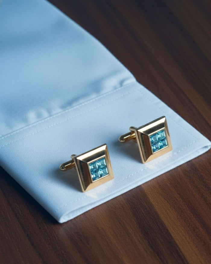 Men's gold tone square cufflinks, light blue crystal mosaic center detail