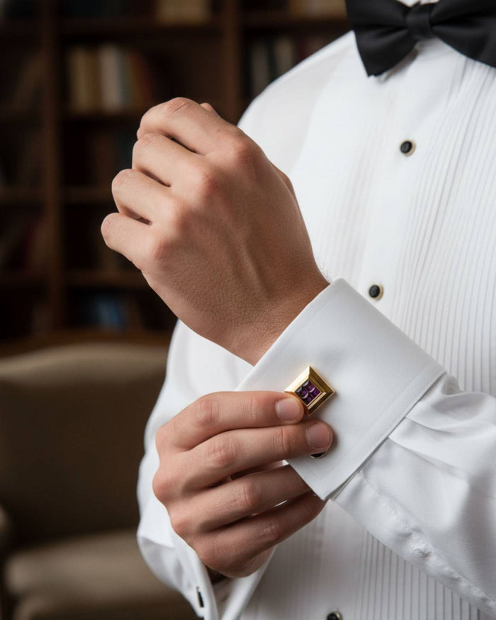 Gold tone square cufflinks with purple crystal center on white shirt cuff
