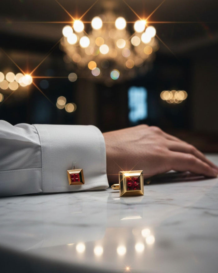 Gold tone square cufflinks with red crystal mosaic inset on shirt cuffs