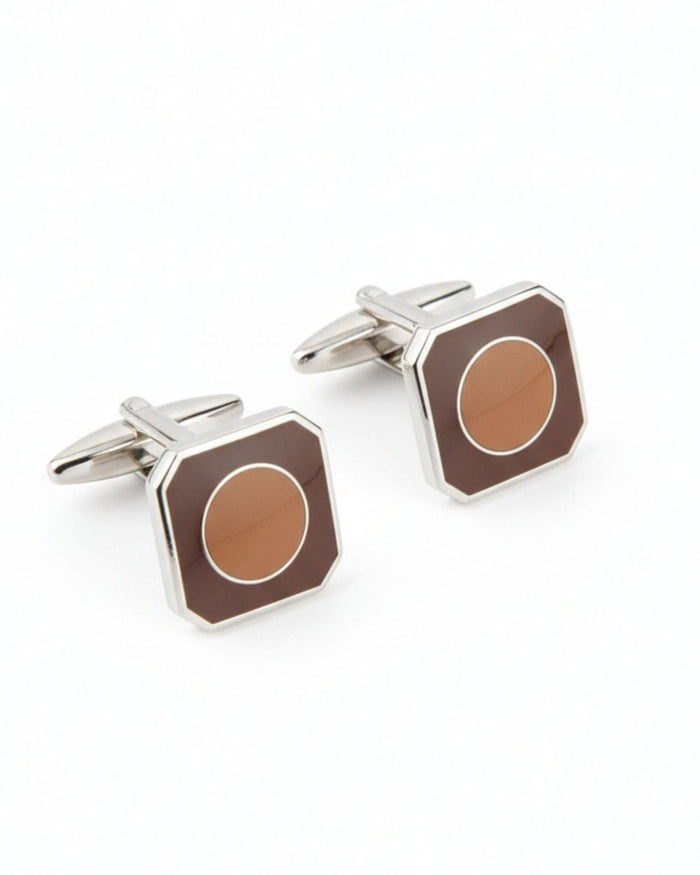 Octagon silver cufflinks with brown circular inlay and bar backs