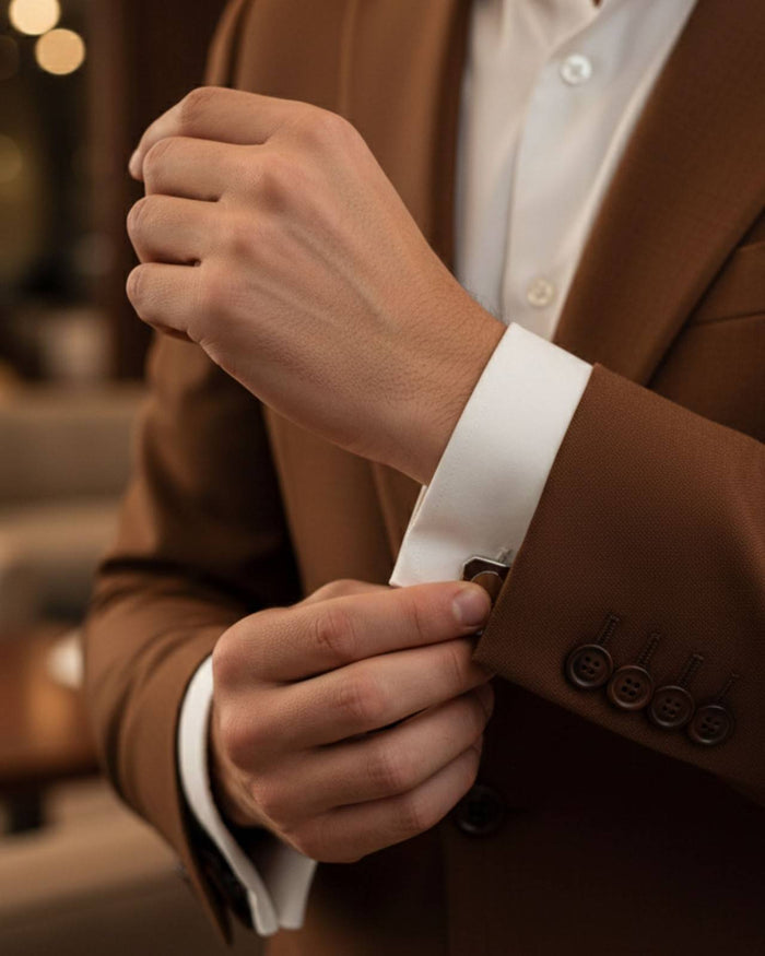 Silver cufflinks with brown circular inlay fastening a white dress cuff
