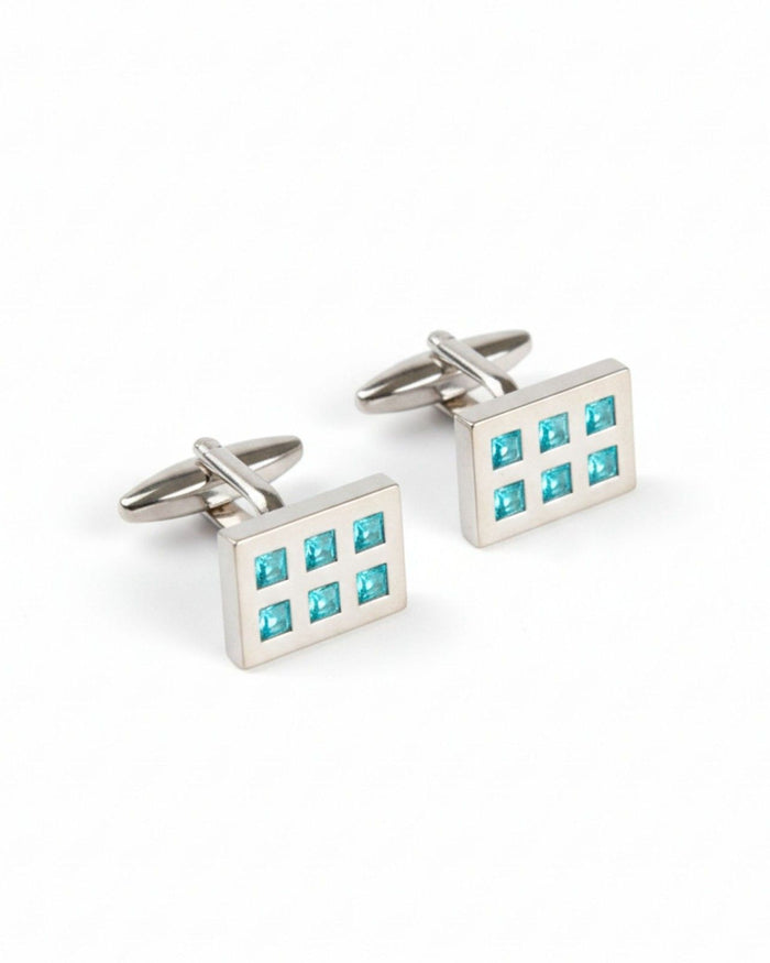 Rectangular silver cufflinks with aqua crystal grid inlay and bar back posts