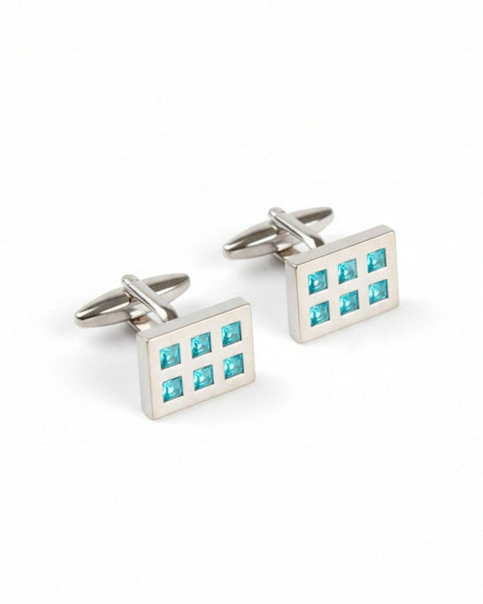 Rectangular silver cufflinks with aqua crystal grid inlay and bar back posts