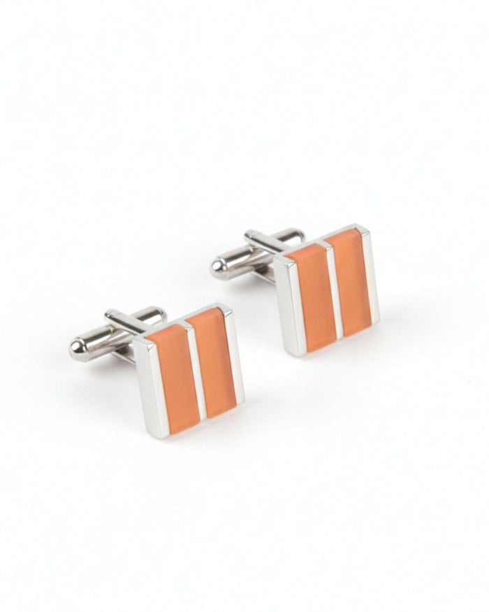 Rectangular silver cufflinks with orange dual stripe inlay