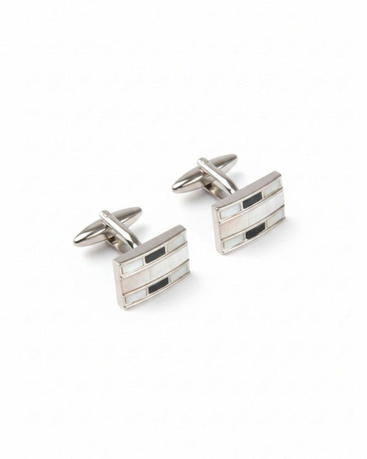 Rectangular silver tone cufflinks with black and white striped inlay