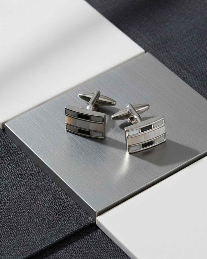Silver tone rectangular cufflinks with striped inlay, bar design