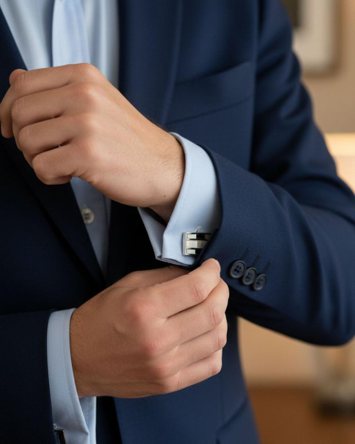 Silver tone rectangular cufflinks with striped inlay on white shirt cuff