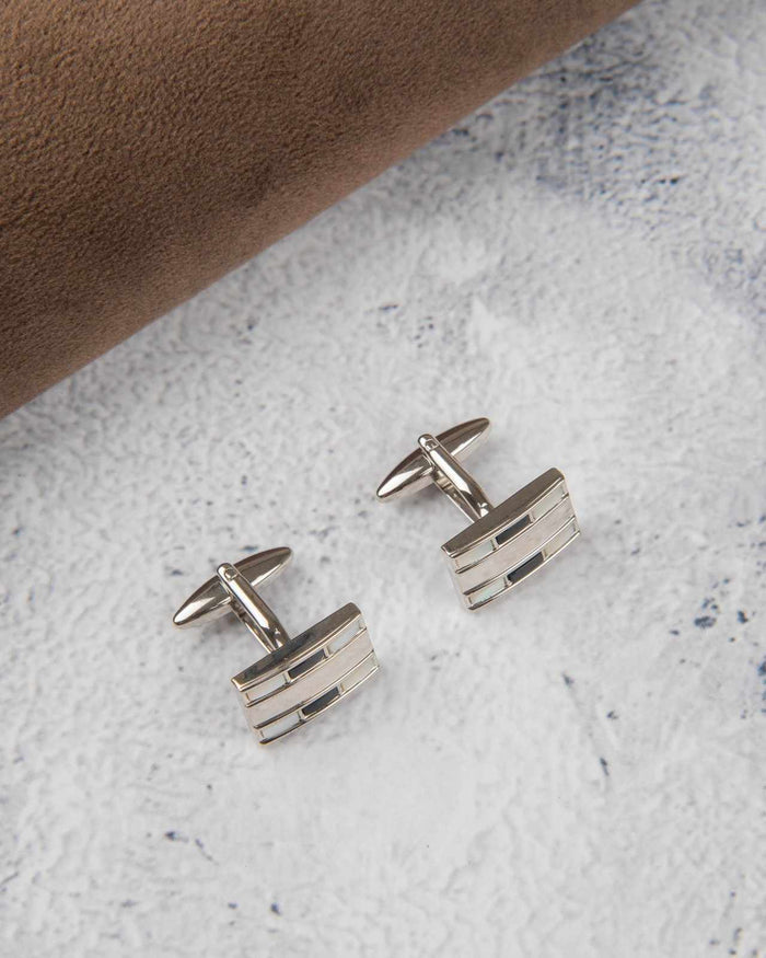 Rectangular silver tone cufflinks with horizontal striped inlay detail