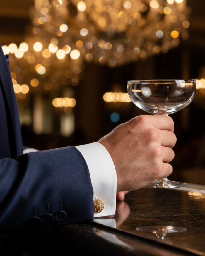 Gold-tone round pavé crystal cufflinks on suit cuff next to a glass