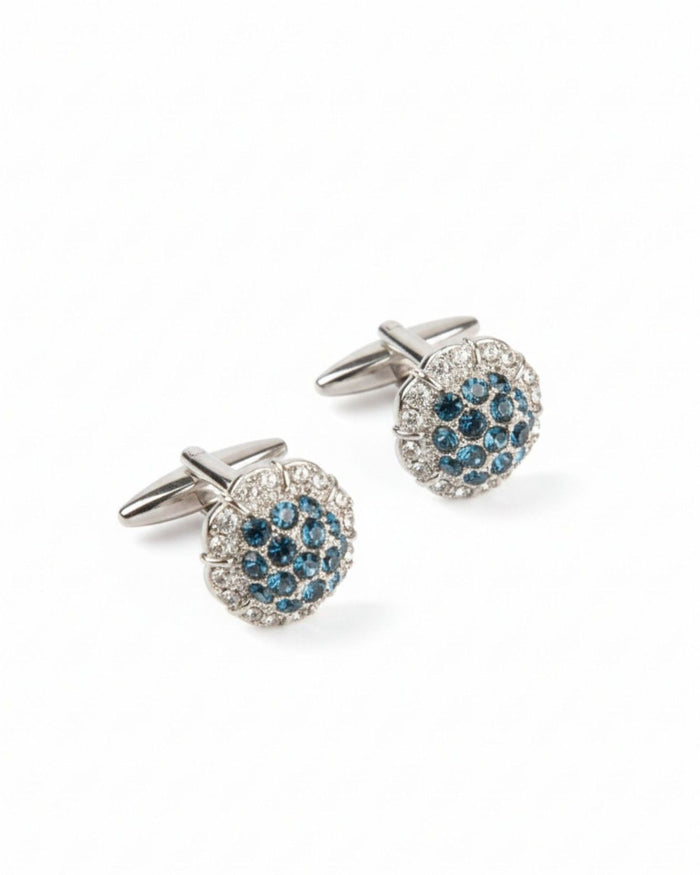 Round silver cufflinks with blue crystal cluster and crystal-studded border