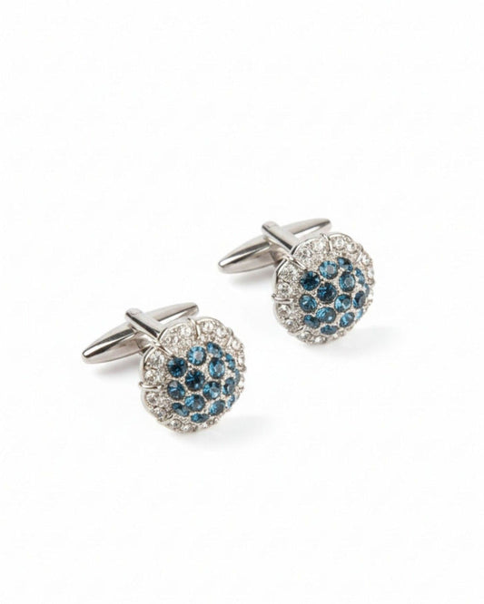 Round silver cufflinks with blue crystal cluster and crystal-studded border
