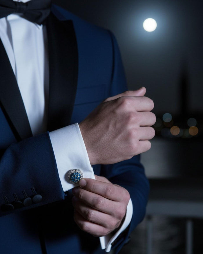 Blue crystal round cufflinks on a silver shirt cuff