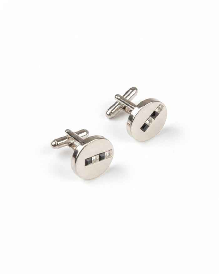Round silver-tone stainless steel cufflinks with triple crystal accents