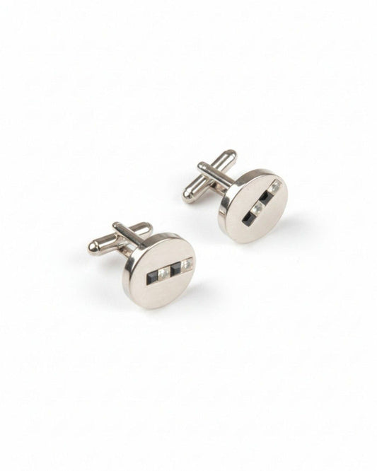 Round silver-tone stainless steel cufflinks with triple crystal accents