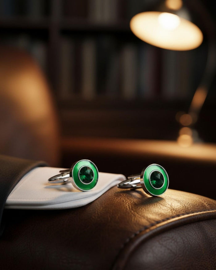 Round emerald-look cufflinks with green stones on a white shirt collar