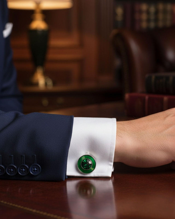 Green round cufflinks on a white shirt cuff with silver clasps