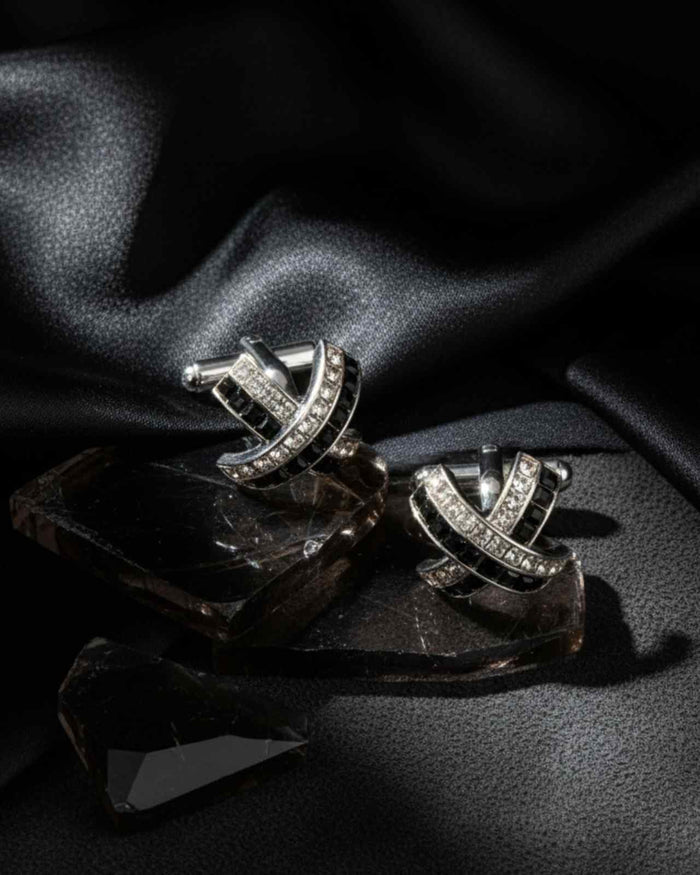 Silver-tone cufflinks with black inlay and crystal arched bands, pair