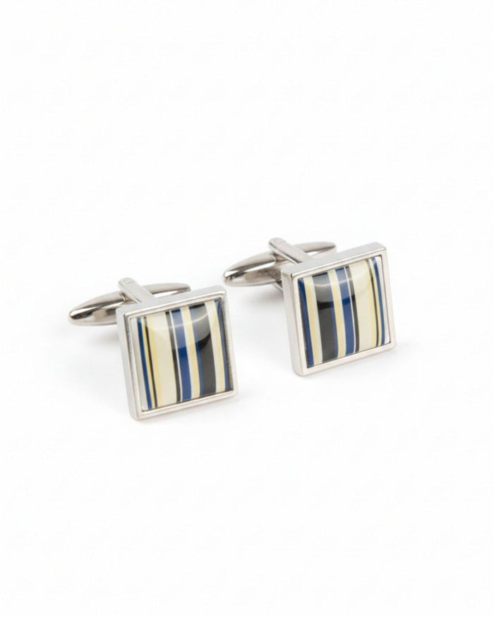 Square silver cufflinks with blue and cream striped resin inlay