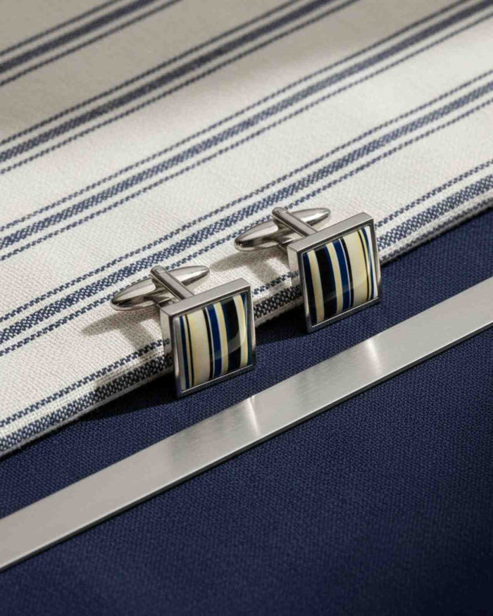 Square silver cufflinks with blue and cream striped resin inlay
