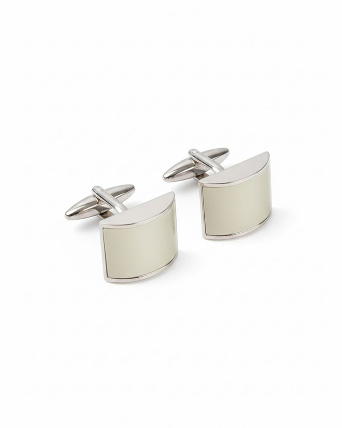 Silver half-moon cufflinks with mother-of-pearl front panels and bar centers