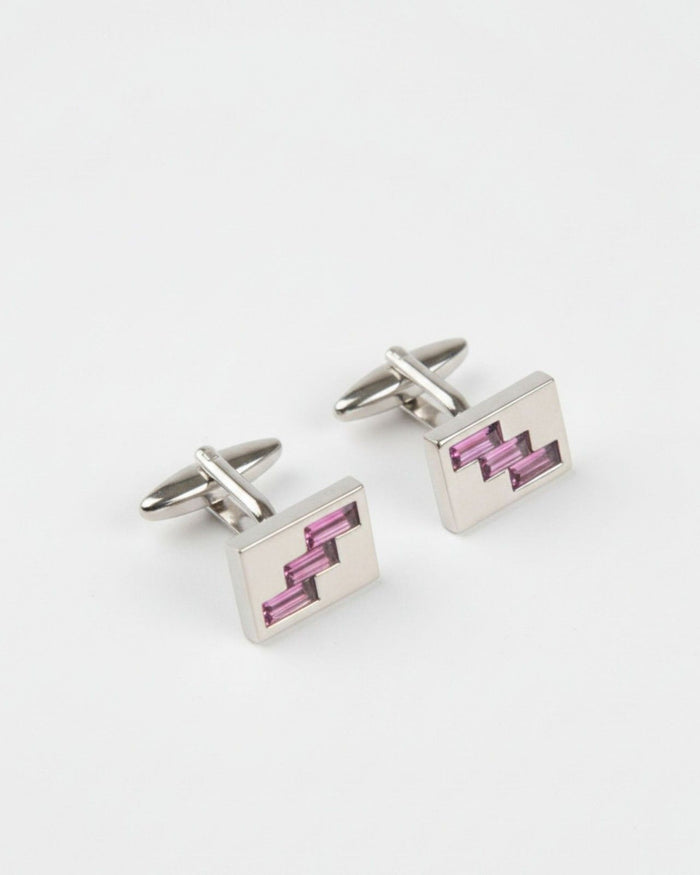 Square silver cufflinks with pink zigzag crystal inlay and bar backs
