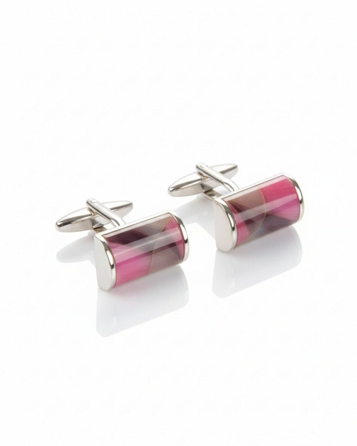 Silver-tone cylinder cufflinks with pink striped glass inlay and bar backs