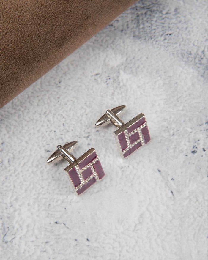 Square purple enamel cufflinks with crystal inset, silver-tone bars