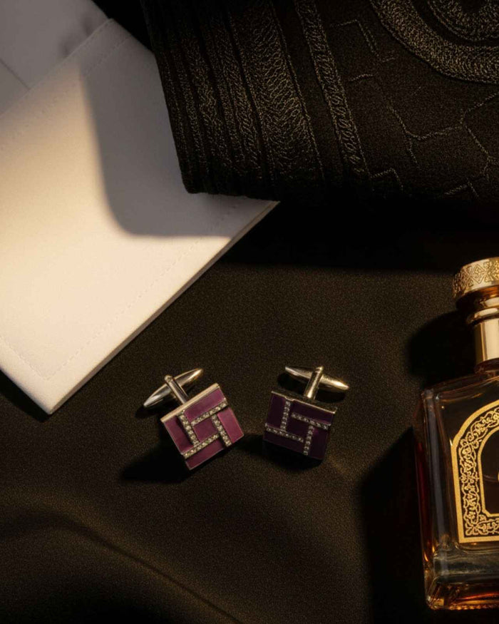 Square purple enamel cufflinks with crystal detail and silver-tone back bars