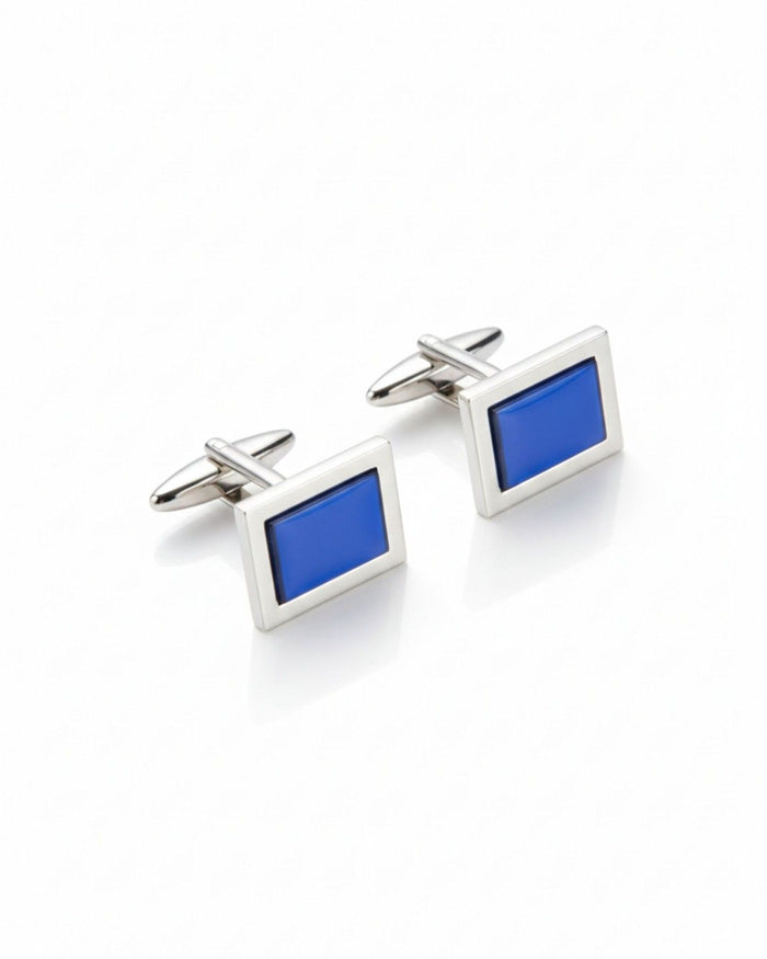 Silver square enamel cufflinks with blue center, hinged posts and cross bars