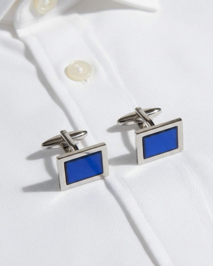 Silver square enamel cufflinks with blue panels and bar clasp