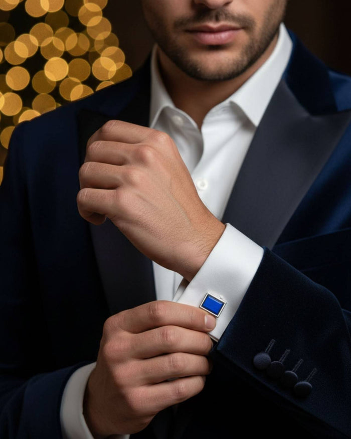 Blue square enamel cufflink on silver shirt cuff with hinged clasp