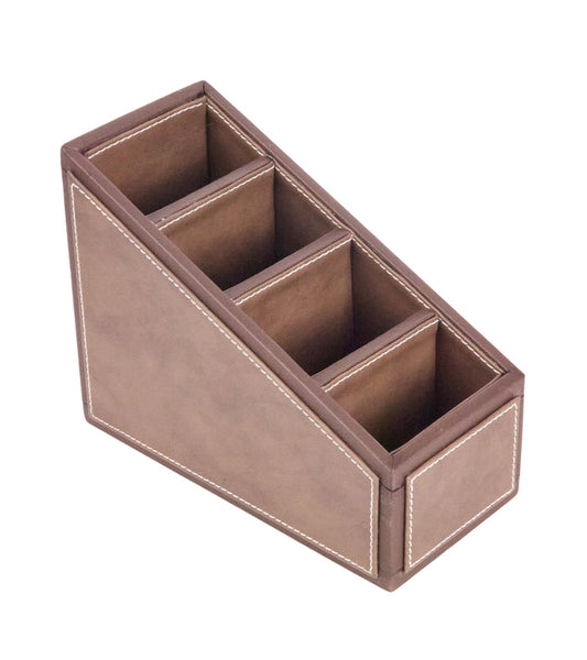 Two-tone brown storage organizer with four open compartments and stitched divider edges