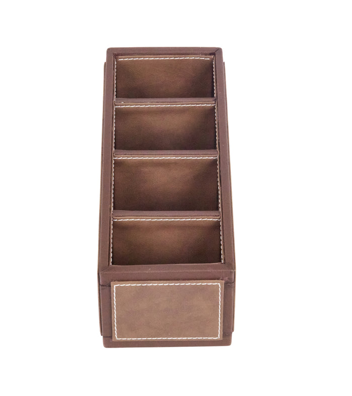 Two-tone brown organizer with four vertical compartments and a front rectangular label panel