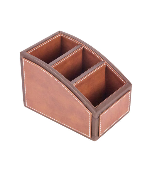 Two-tone remote holder with 3 compartments, curved frame, dark orange and tan