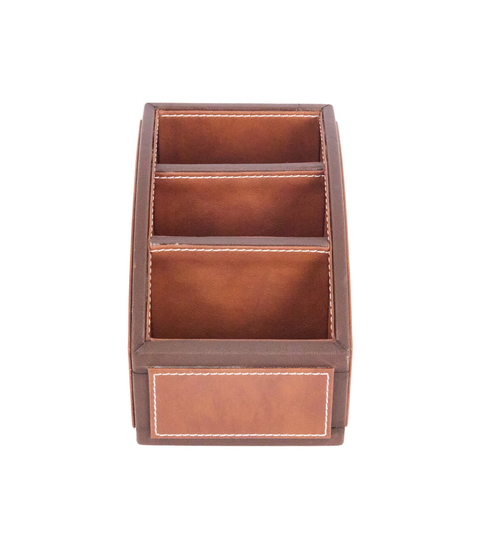 Two-tone remote holder with 3 sections, stitched interior, dark orange and tan