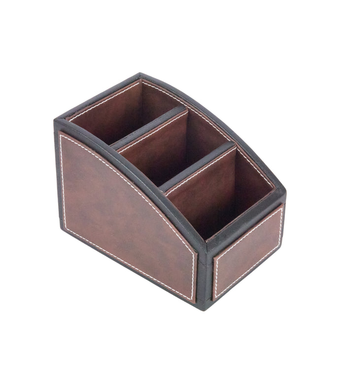 Two-tone remote holder with 3 compartments; dark brown organizer with contrast side panel