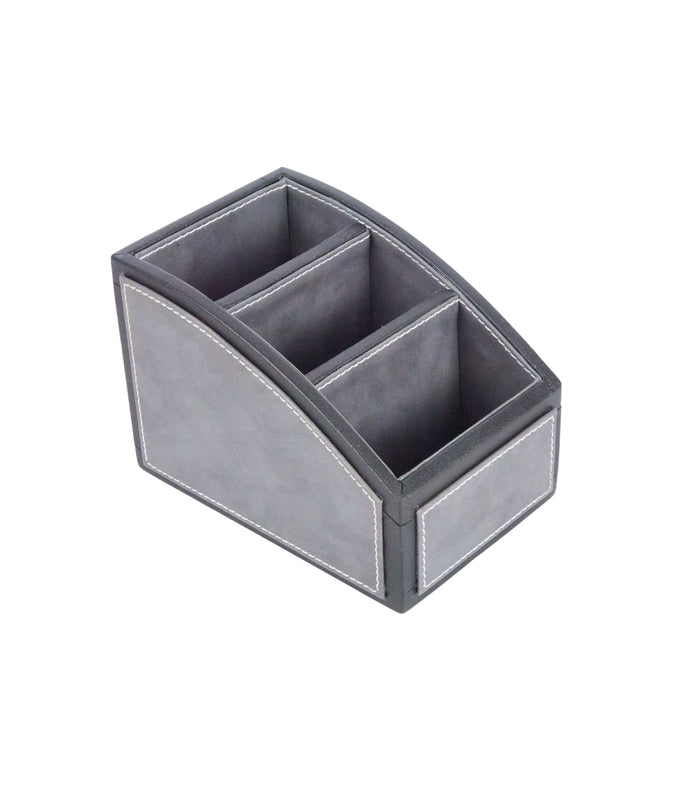 Two-tone remote holder with 3 compartments; grey organizer box with stitched edges
