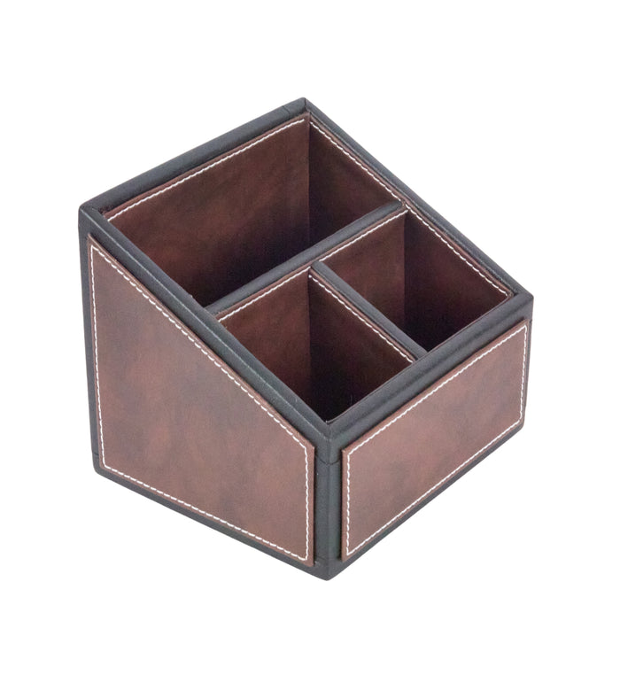 Dark brown two-tone remote holder with three inner compartments, rectangular organizer