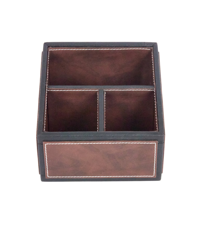 Dark brown two-tone remote holder with three sections and front drawer, rectangular