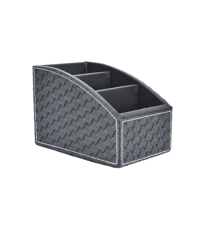 Woven remote holder with zigzag pattern and 3 compartments in dark fabric