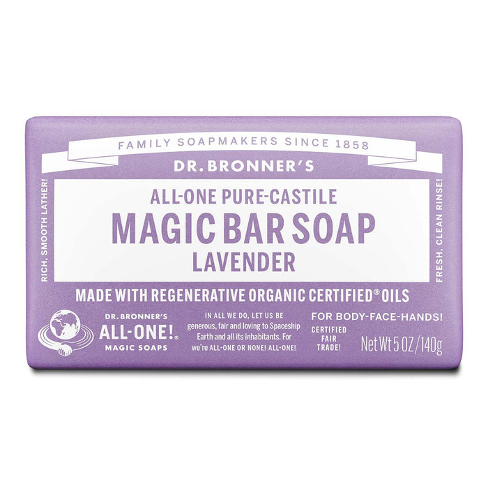Dr Bronner's Pure Castile Magic Bar Soap - Lavender on a white background.