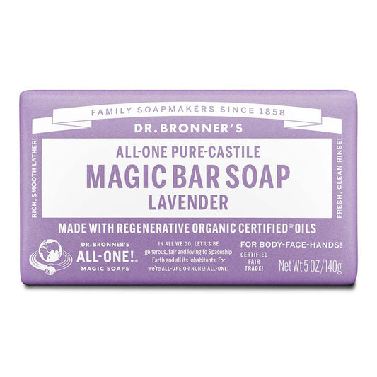 Dr Bronner's Pure Castile Magic Bar Soap - Lavender on a white background.