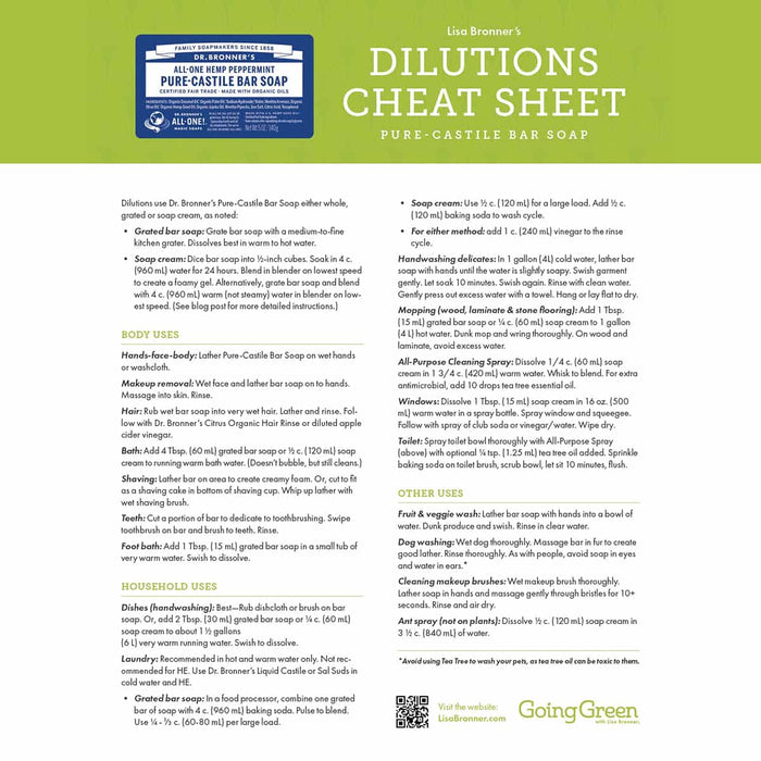 Dilutions cheat sheet for Dr. Bronner's Pure-Castile Bar Soap on a green background.