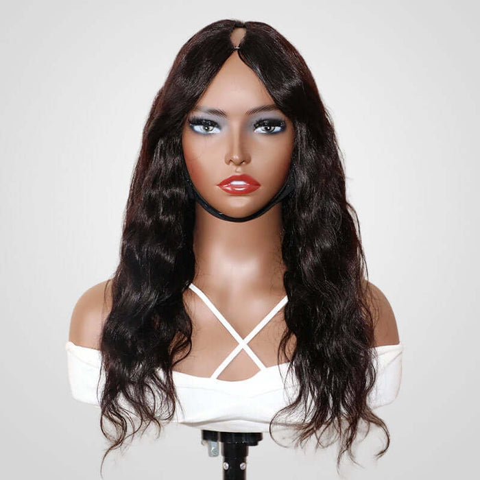 body wave v part wig on wig stand front view