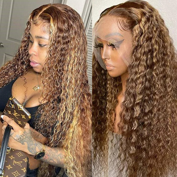 qvr wigs highlight curly human hair wigs 13x4 transparent lace front honey blonde