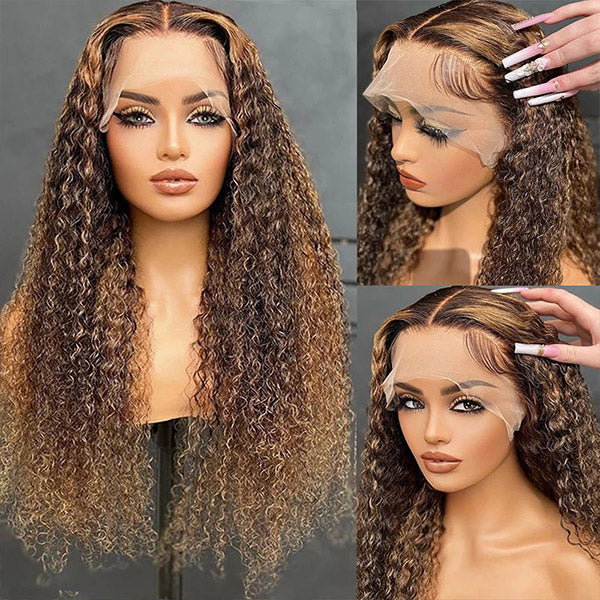 human hair wigs 13x4 transparent lace front with honey blonde curly highlight